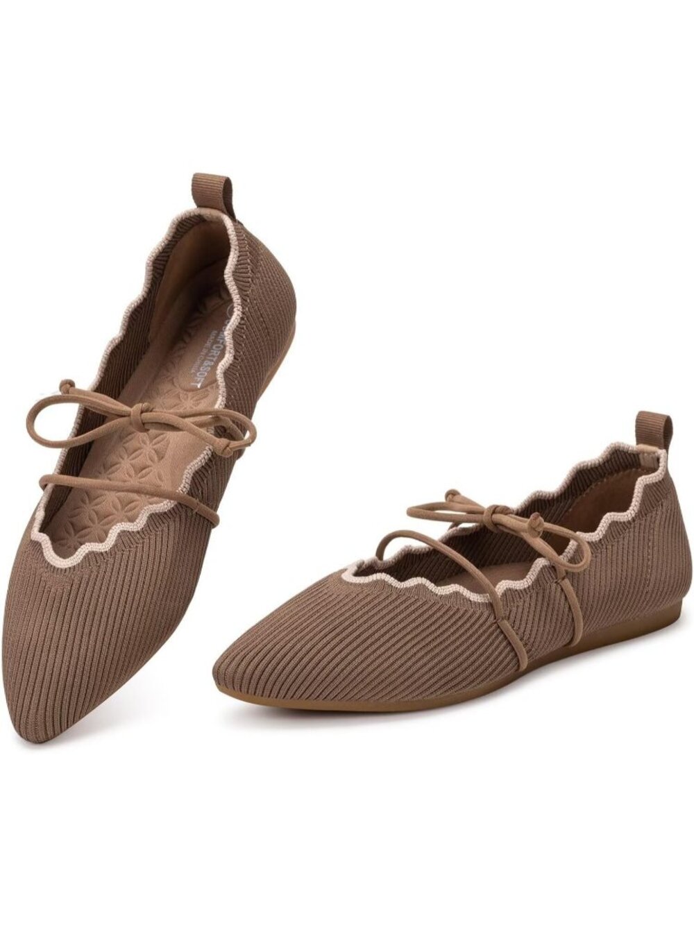 Women's Brown Rubber Knitted Slip On Pointed Toe with Ruffled Vamp Elastic Flats